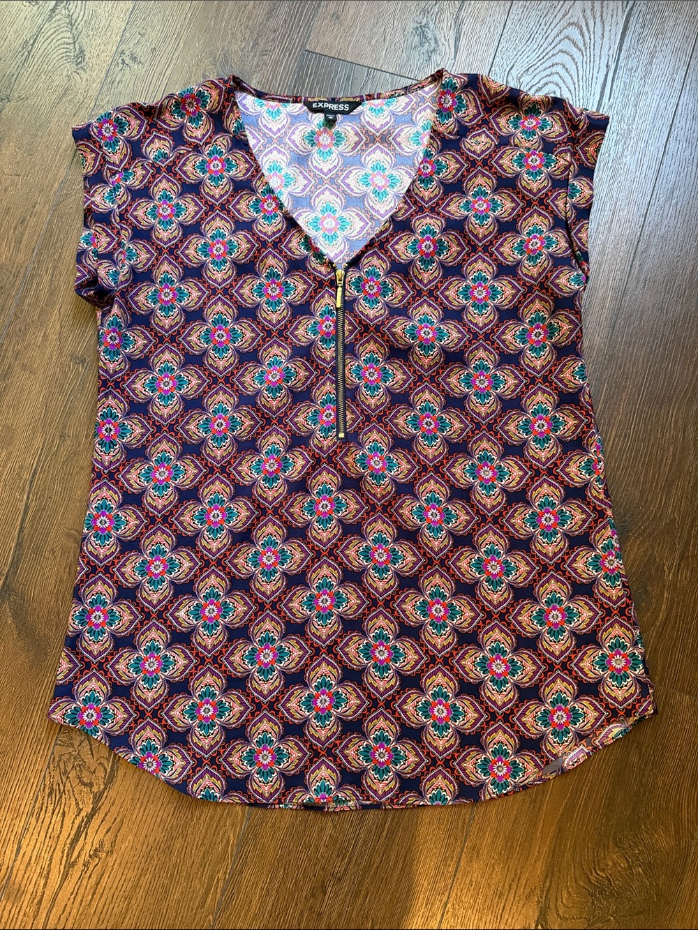 Express Purple Geometric Floral Zip-Front Cap Sleeve Top Medium